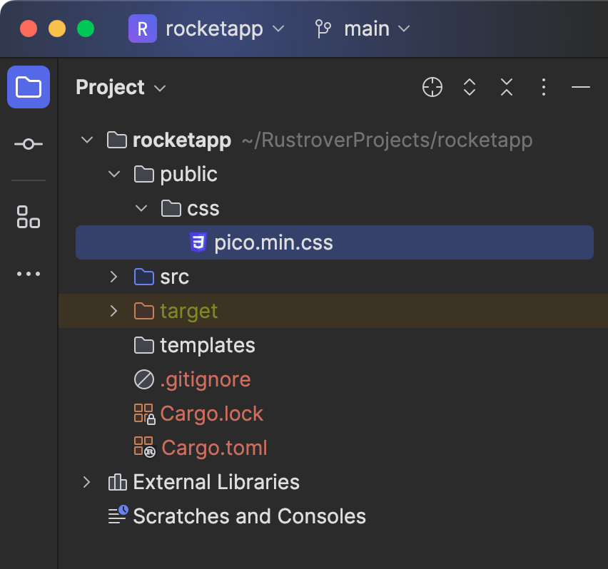 RustRover 中我的 rocketapp 的文件夹视图