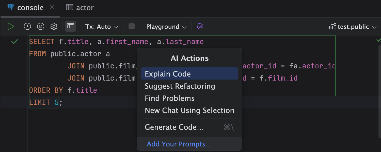 AI Actions for SQL query in IntelliJ IDEA
