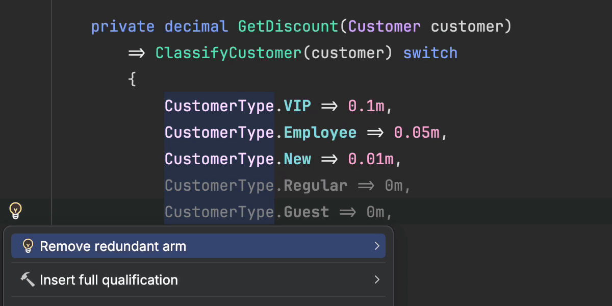 Redundant switch Expression Arms Inspection and Quick-Fix